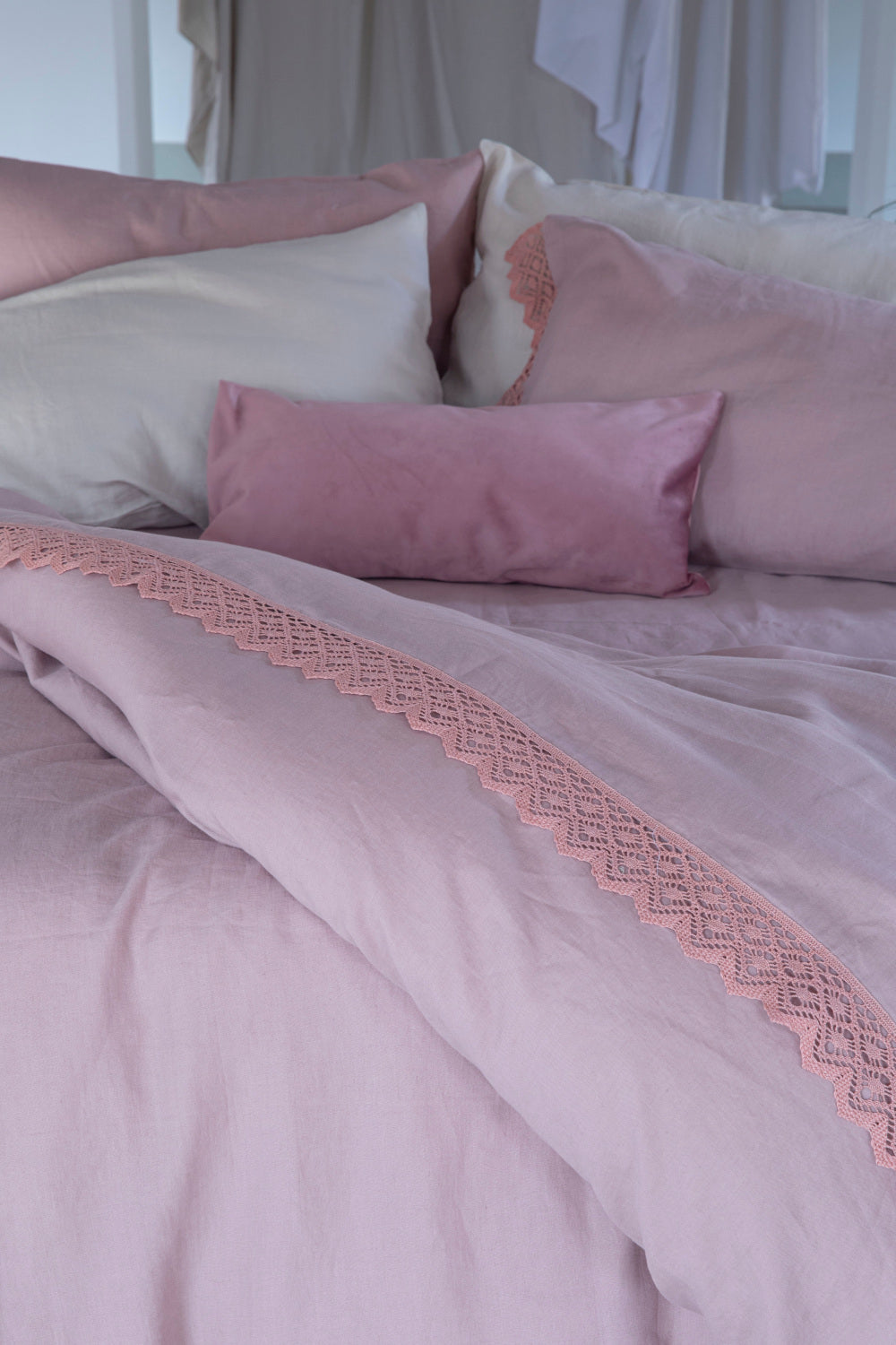 BRIGID-Pure washed-linen pillowcase, trimmed with cotton macramè (2 pieces)